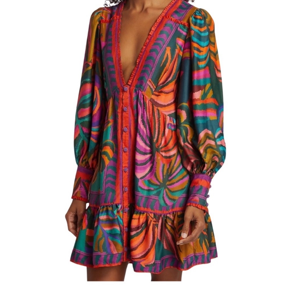 New FARM Rio Long-Sleeve Foliage Minidress in Graphic Foliage Teal size M NWT